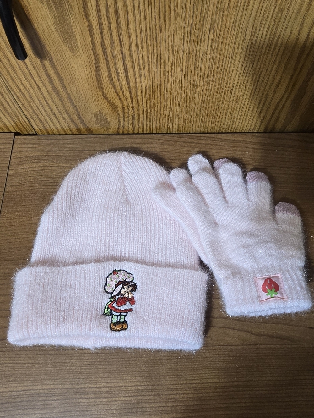 Strawberry Shortcake Kids Pink Knit Beanie and Gloves Set with Strawberry Patch